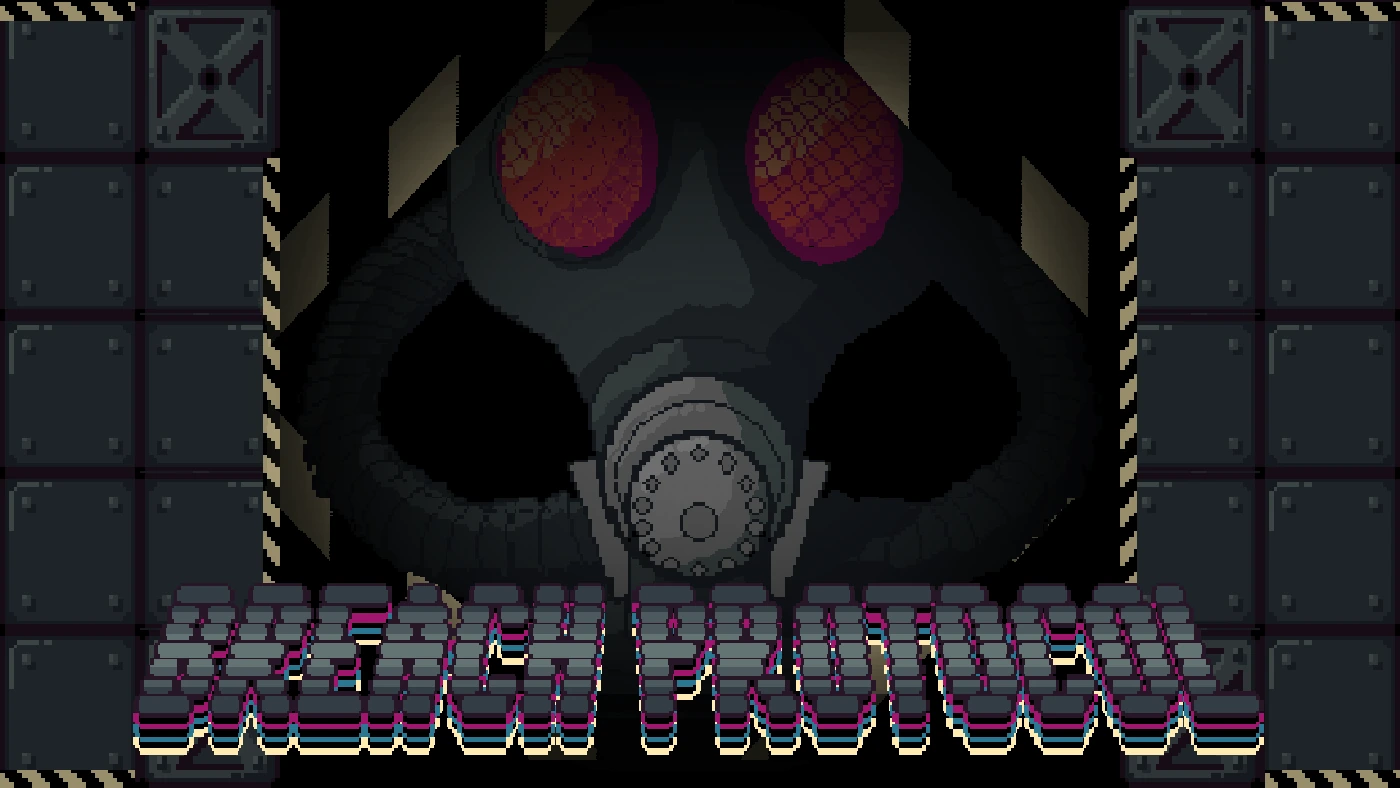 Breach Protocol title screen: a pixel-art gas mask lit red inside a failing space station