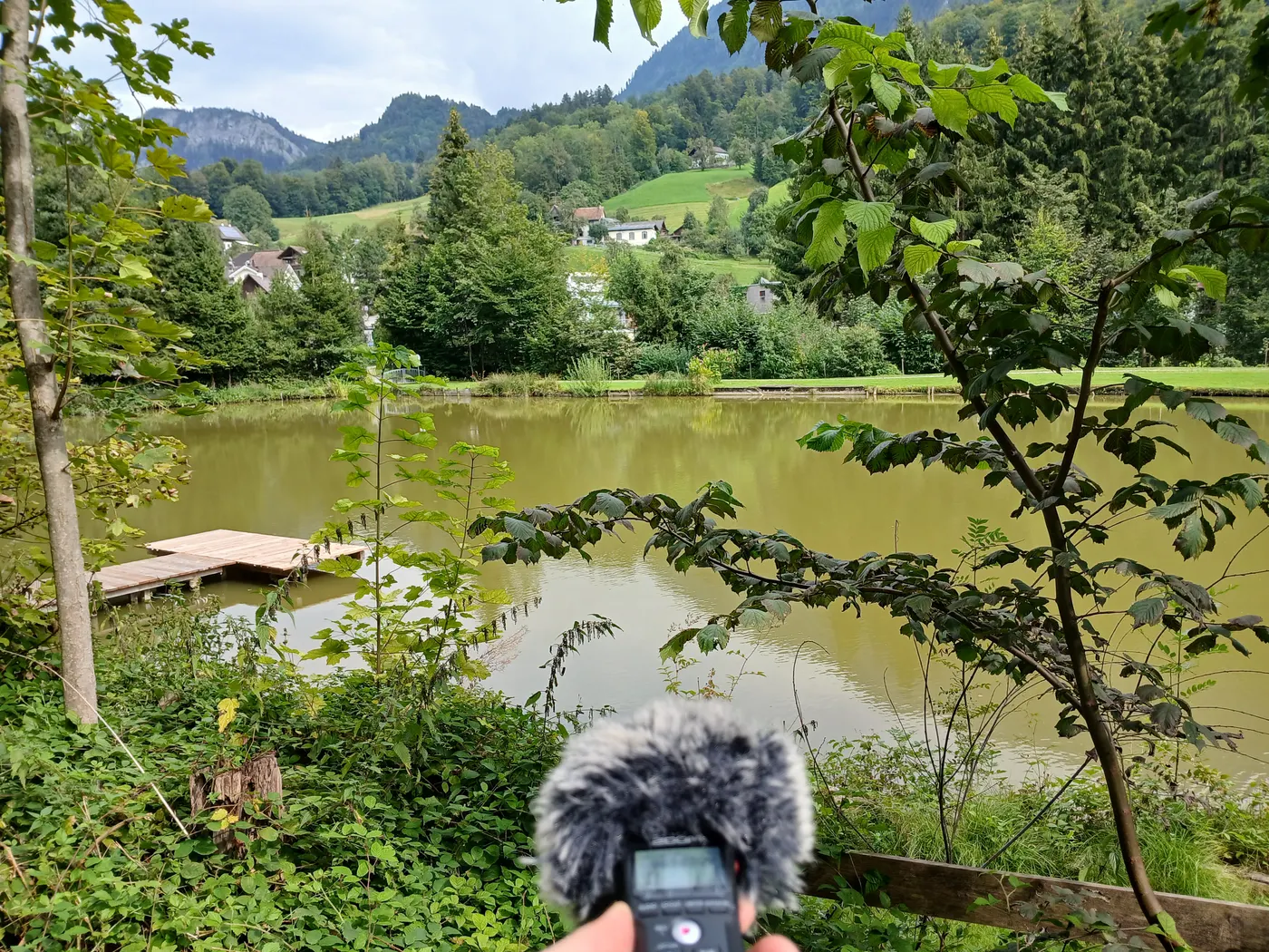 A hand holding a recorder towards a pond, trees and a village on the far bank