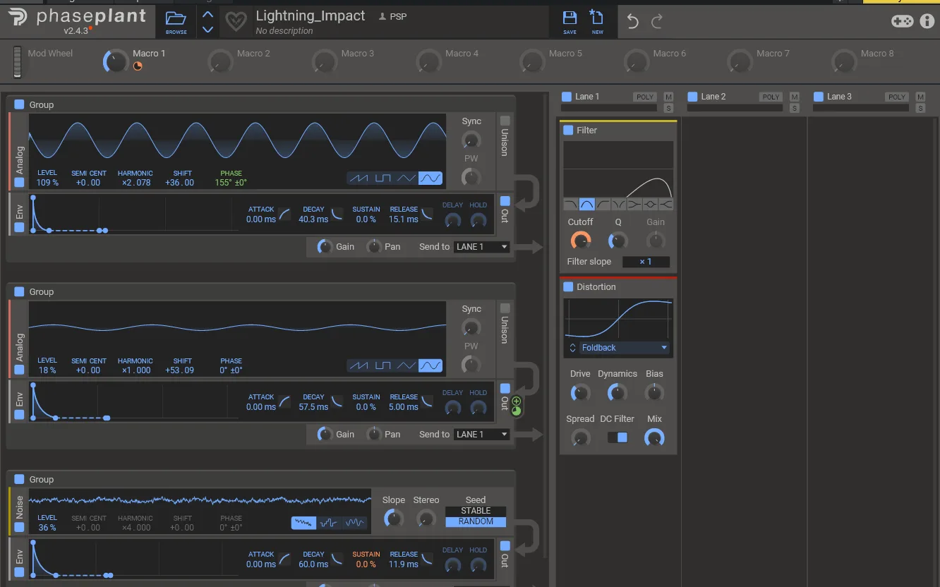 The Phase Plant patch "Lightning_Impact" open in the editor: three oscillator groups feeding a filter and a distortion lane