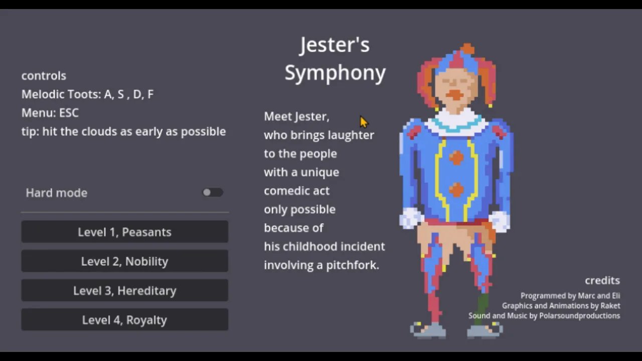 Jester's Symphony: the menu with the four levels and the credits