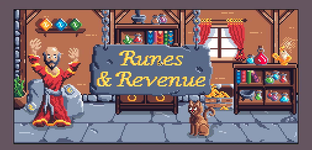 Runes & Revenue key art: a pixel-art magic shop with a wizard, shelves of potions and a cat