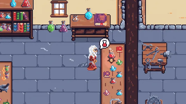 Runes & Revenue: the brewing bench with bubbling flasks