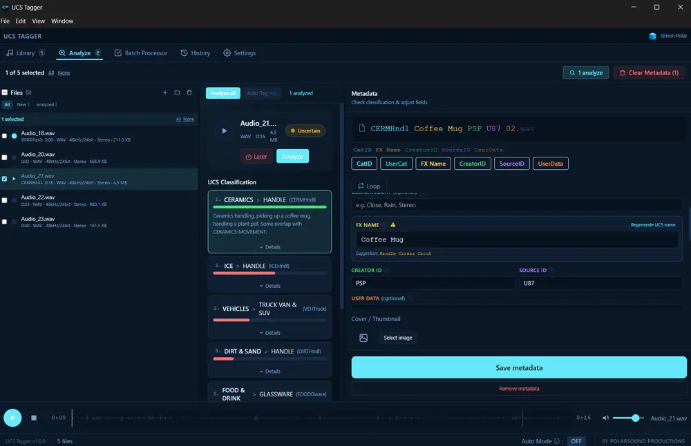 The UCS Tagger metadata editor with filename segments, keywords and description