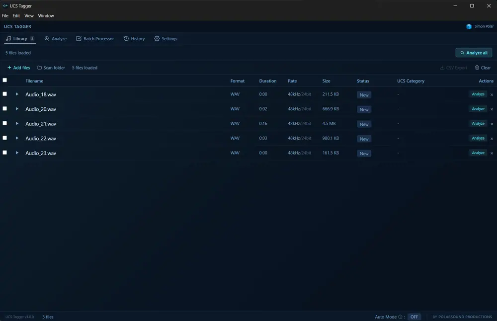 UCS Tagger library view with a list of imported audio files and their metadata state