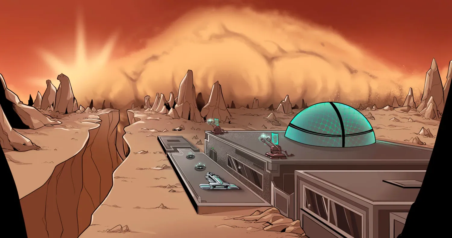 Under The Stars: an illustrated landing area on a desert planet with a dust storm on the horizon