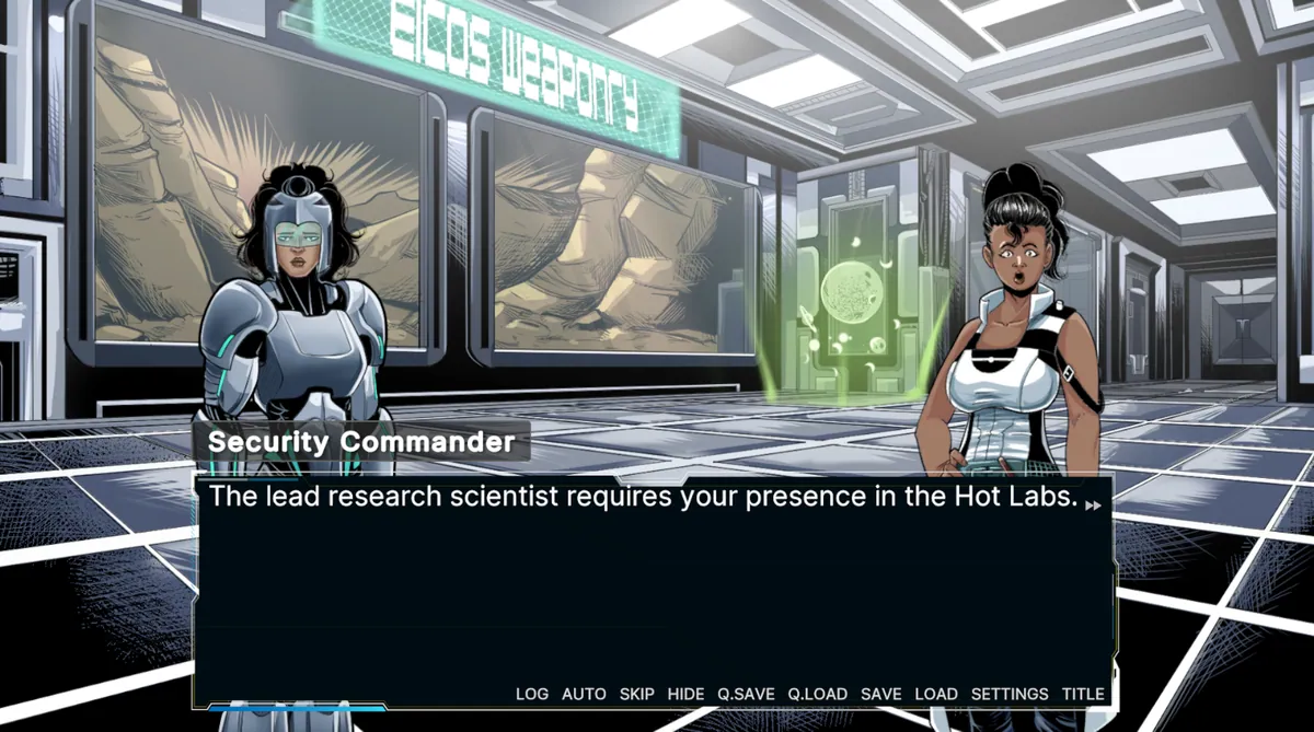 Under The Stars, work-in-progress build: two characters talking in a bright weapons hall under an EICOS Weaponry sign