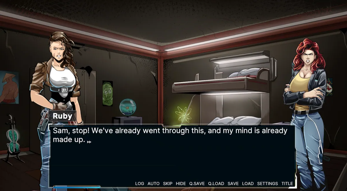 Under The Stars, work-in-progress build: an argument between two characters in a cramped, dimly lit bunk room