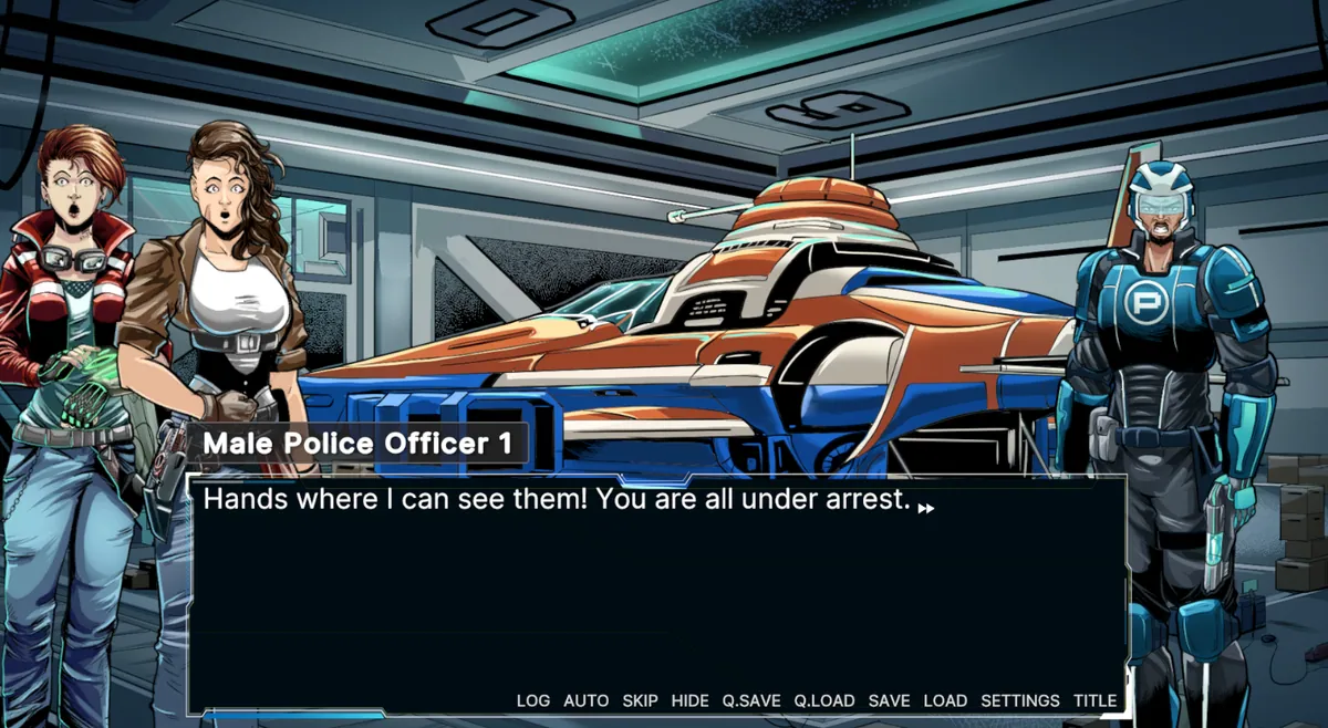 Under The Stars, work-in-progress build: an armed officer confronting two characters in a hangar beside a racing ship