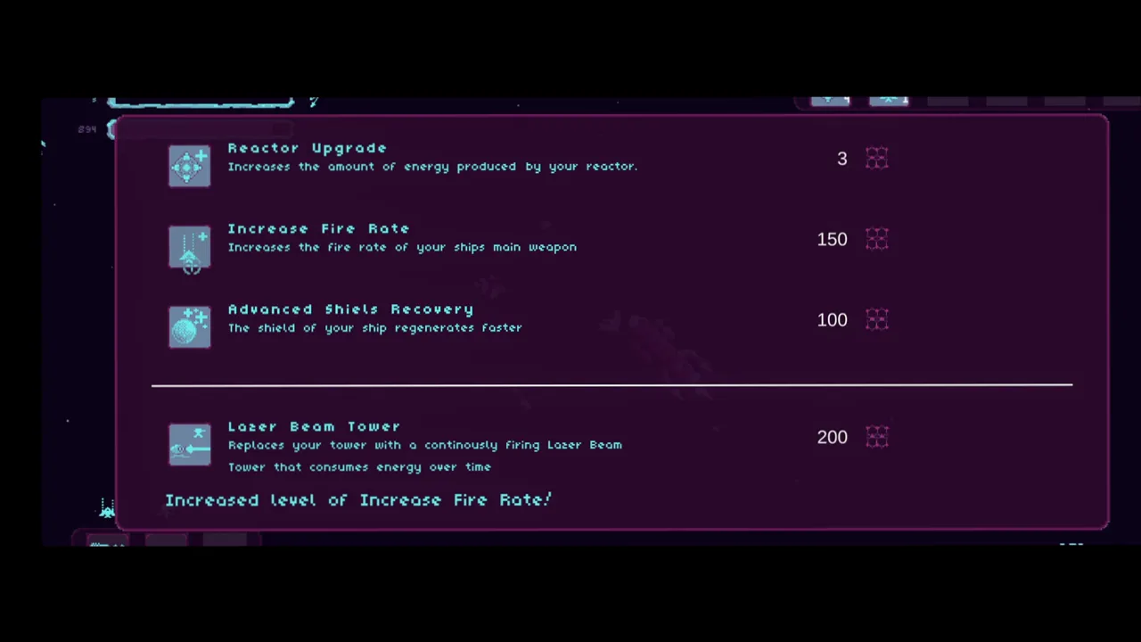 Warpshift: the upgrade screen with reactor, fire rate, shields and laser