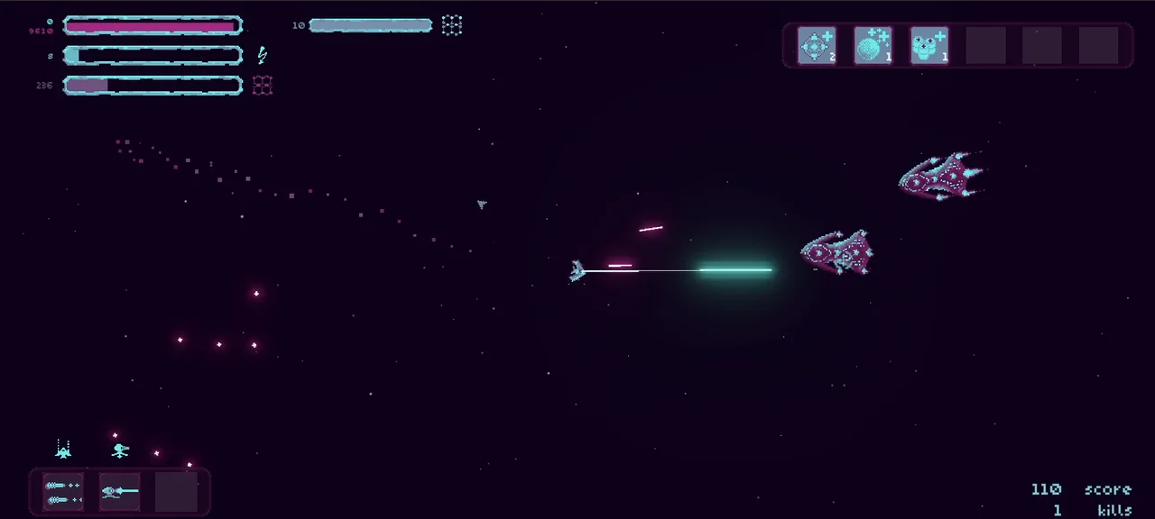 Warpshift: the player ship firing a beam at two enemy ships in open space