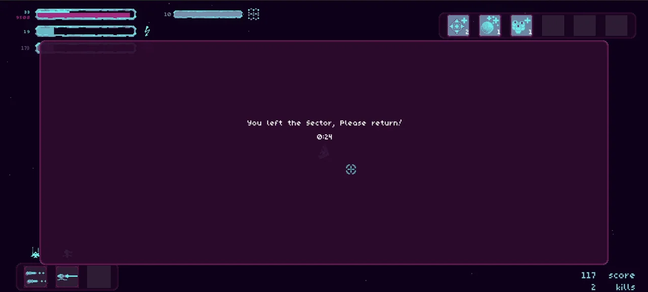 Warpshift: the screen washes red and reads "You left the sector, please return!" with a countdown running